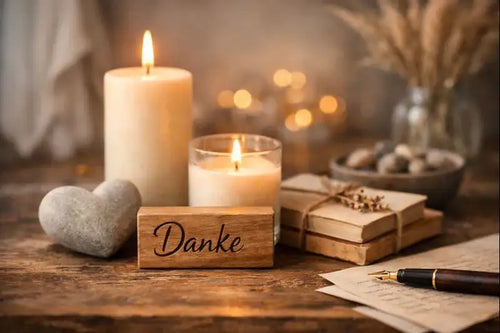 Stimmungsvolles Stillleben mit Kerzen und Dankesymbolen als Sinnbild für bewusste Dankbarkeit und Wertschätzung