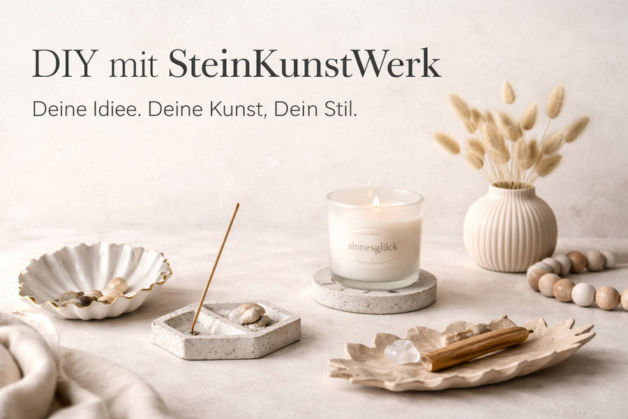 DIY veredeln mit SteinKunstWerk: Selbst gestaltete Schalen kombiniert mit Räucherstäbchenhalter und Duftkerze in modernem, minimalistischen Wohnambiente.