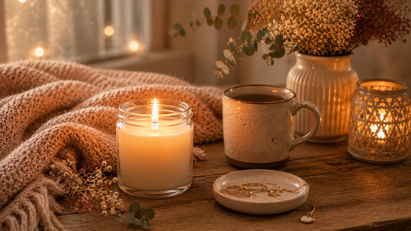 Tasse mit warmem Getränk, Kerzenlicht und Decke am Fenster