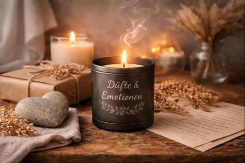 Brennende Duftkerze im dunklen Metallbehälter als Sinnbild für Emotionen, Erinnerungen und bewusste Dankbarkeit
