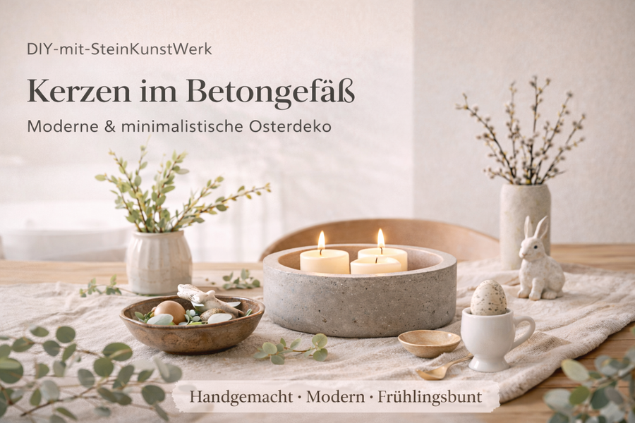 Minimalistische Osterdeko mit Kerzen im Betongefäß auf einem hellen Tisch, kombiniert mit naturfarbenen Eiern, Zweigen und Leinentextilien für eine ruhige, moderne Frühlingsatmosphäre.