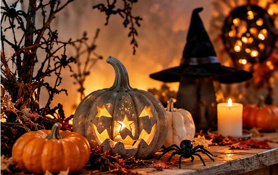 Citrouilles lumineuses et décorations d’automne pour illustrer l’origine d’Halloween et de Jack O’Lantern
