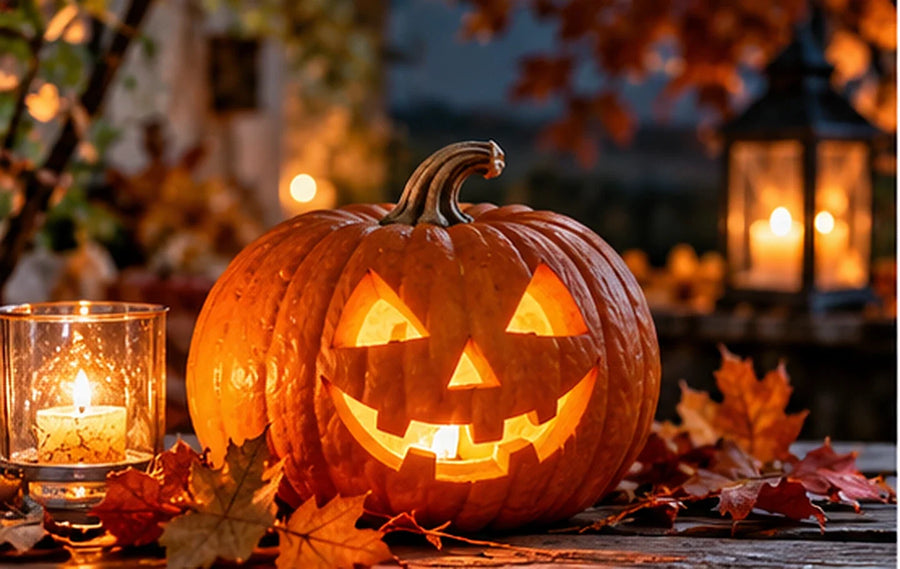 Geschnitzter, beleuchteter Halloween-Kürbis mit Herbstlaub und Laterne – Geschichte von Halloween und Jack O’Lantern