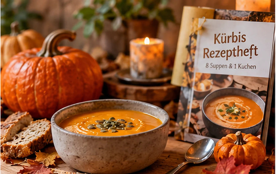 Kürbissuppe, herbstlicher Kürbis und illustriertes Rezeptheft – HEs Halloween-Geschenkidee