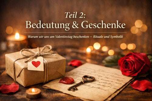 Symbolisches Valentinstagsgeschenk mit Geschenkbox, Liebesbrief, roter Rose und Kerzenlicht – Sinnbild für Bedeutung, Rituale und bewusste Gesten am Valentinstag