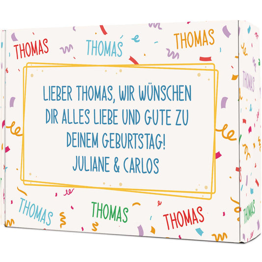 Boîte cadeau Anniversaire avec texte personnalisé – vue de face