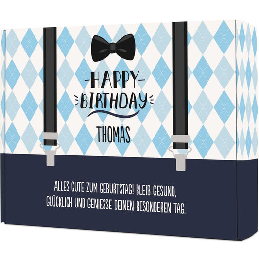 Suspenders gift box with custom text – front view