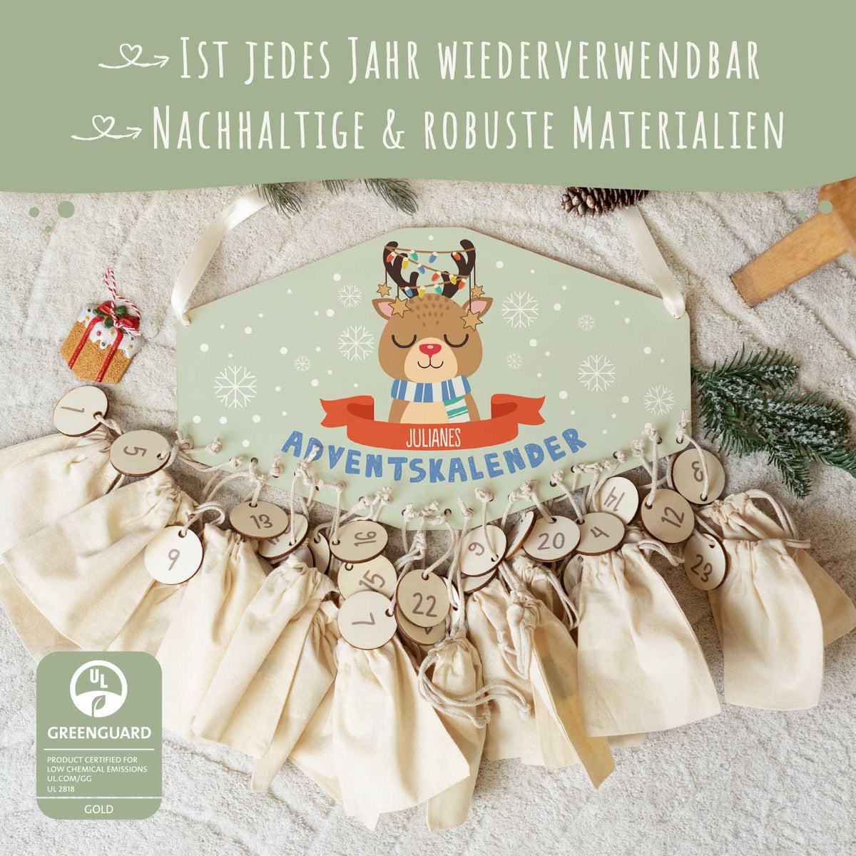 Gepersonaliseerde houten adventskalender „Winterdieren“ – met naam