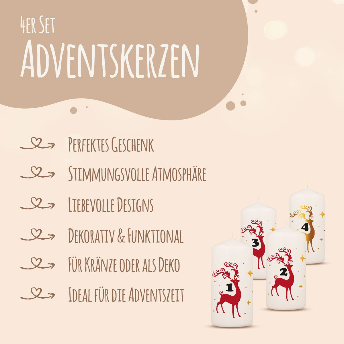 Adventskaarsen ‘Hert’ – set van 4 stompkaarsen
