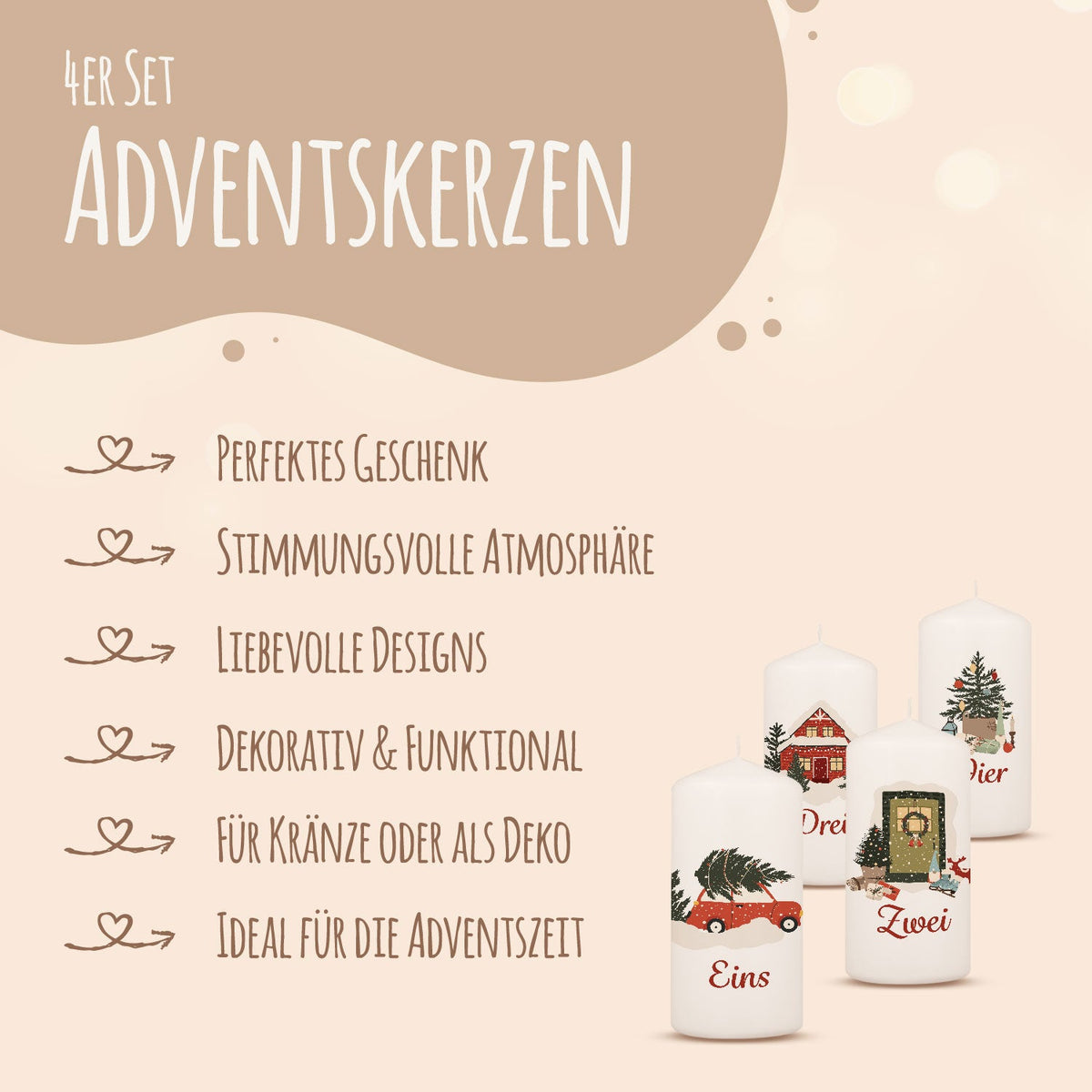 Adventskerzen „Weihnachtsmotive“ – 4er-Set