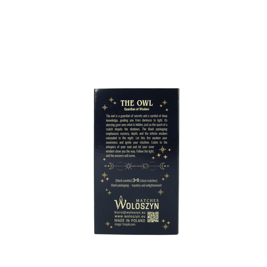 Ritual-Set „Die Eule – Hüterin der Geheimnisse“ – Schwarze Kerzen & lange Streichhölzer