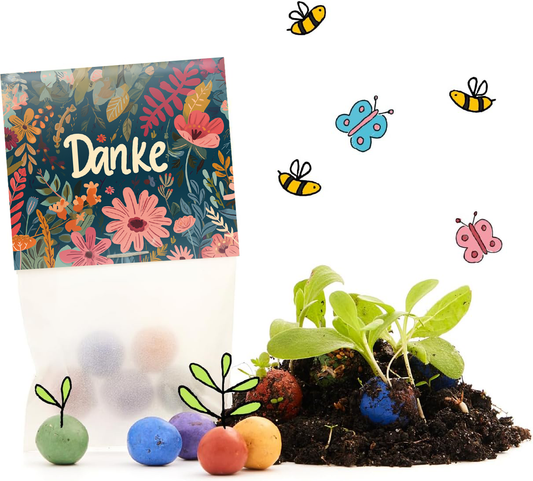 50 Blumenmurmeln „Danke“ – 10 Tütchen à 5 Saatkugeln – Produkt-Freisteller