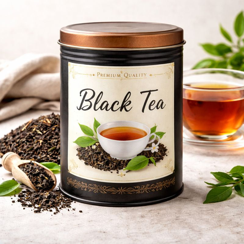 Kenia GFOP1 Marinyn Schwarztee – hochwertige lose Teeblätter, Detailansicht und Aufguss in Glas sowie dekorative Präsentation mit Teedose auf hellem Hintergrund.