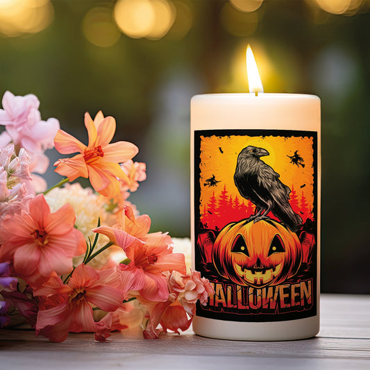 Halloween-Kerze Rabe und Kürbis als freigestellte Produktansicht