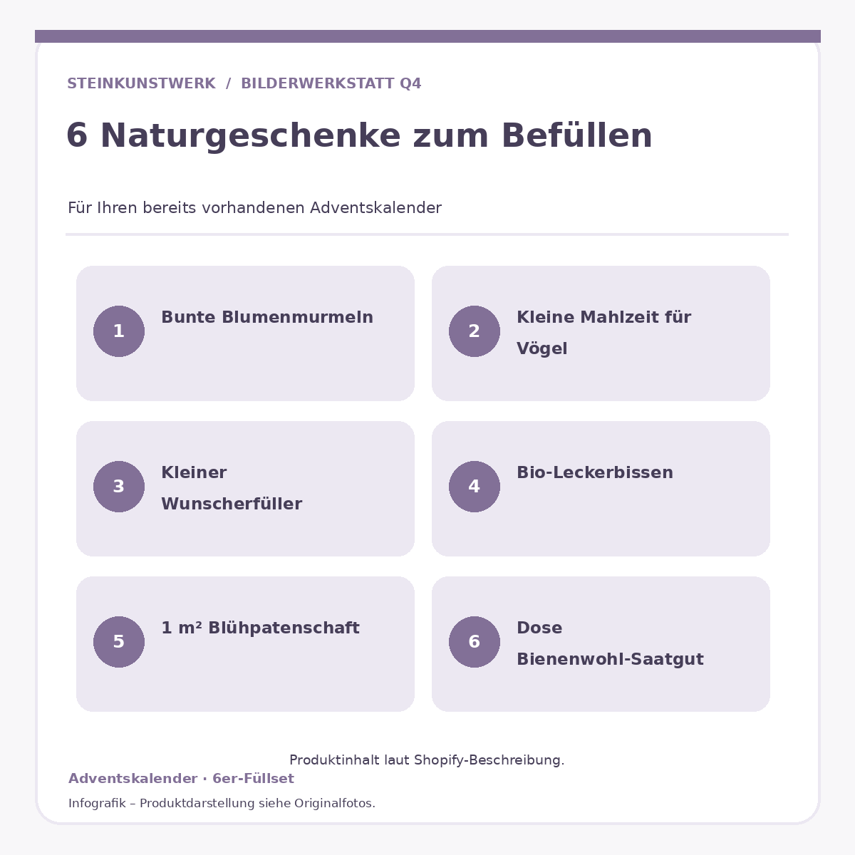 Sechs Naturgeschenke für den Adventskalender – Übersicht des Setinhalts