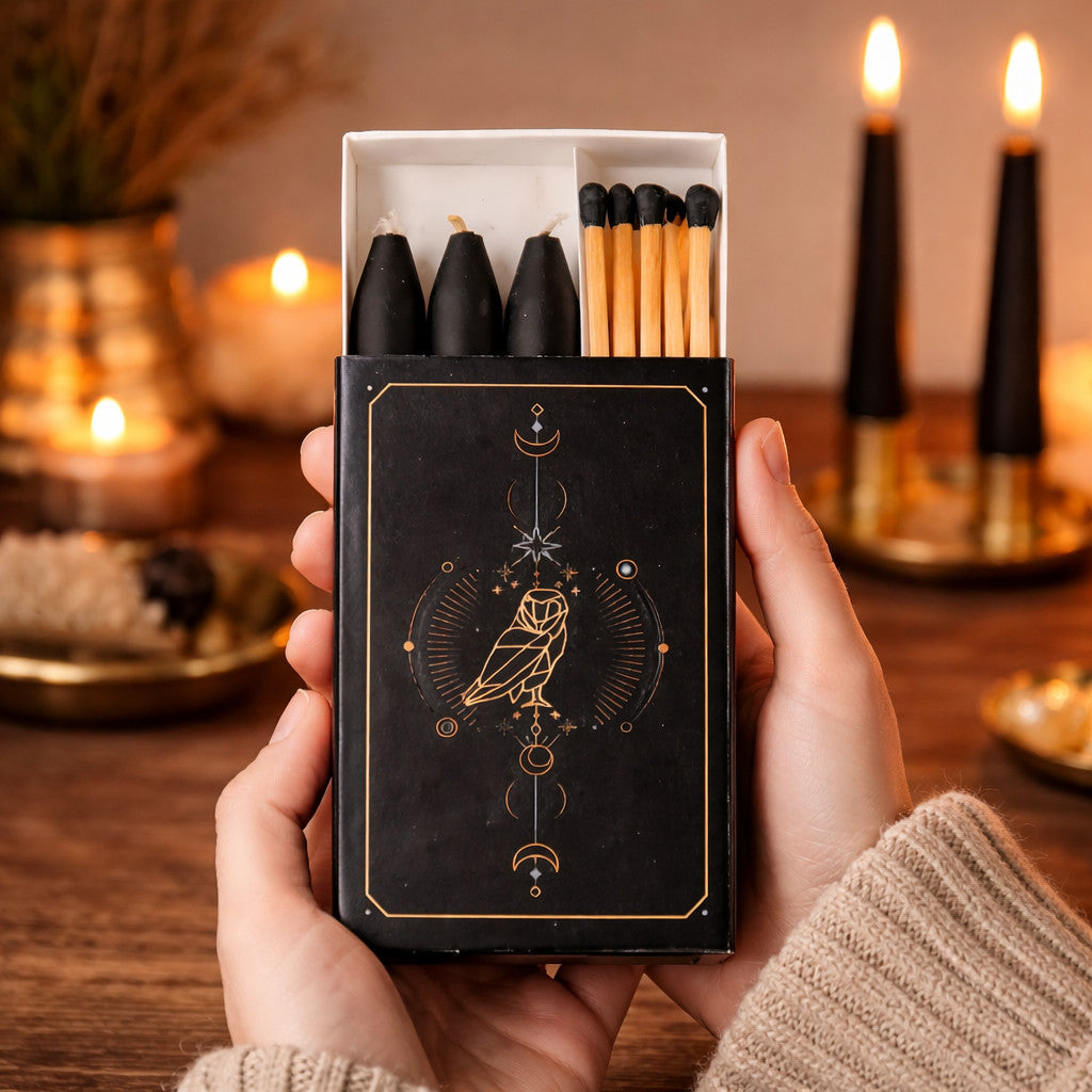 Ritual Set mit schwarzen Kerzen und Streichhölzern in der Hand gehalten – Größenvergleich, Eulen-Design, stimmungsvolle Kerzenatmosphäre