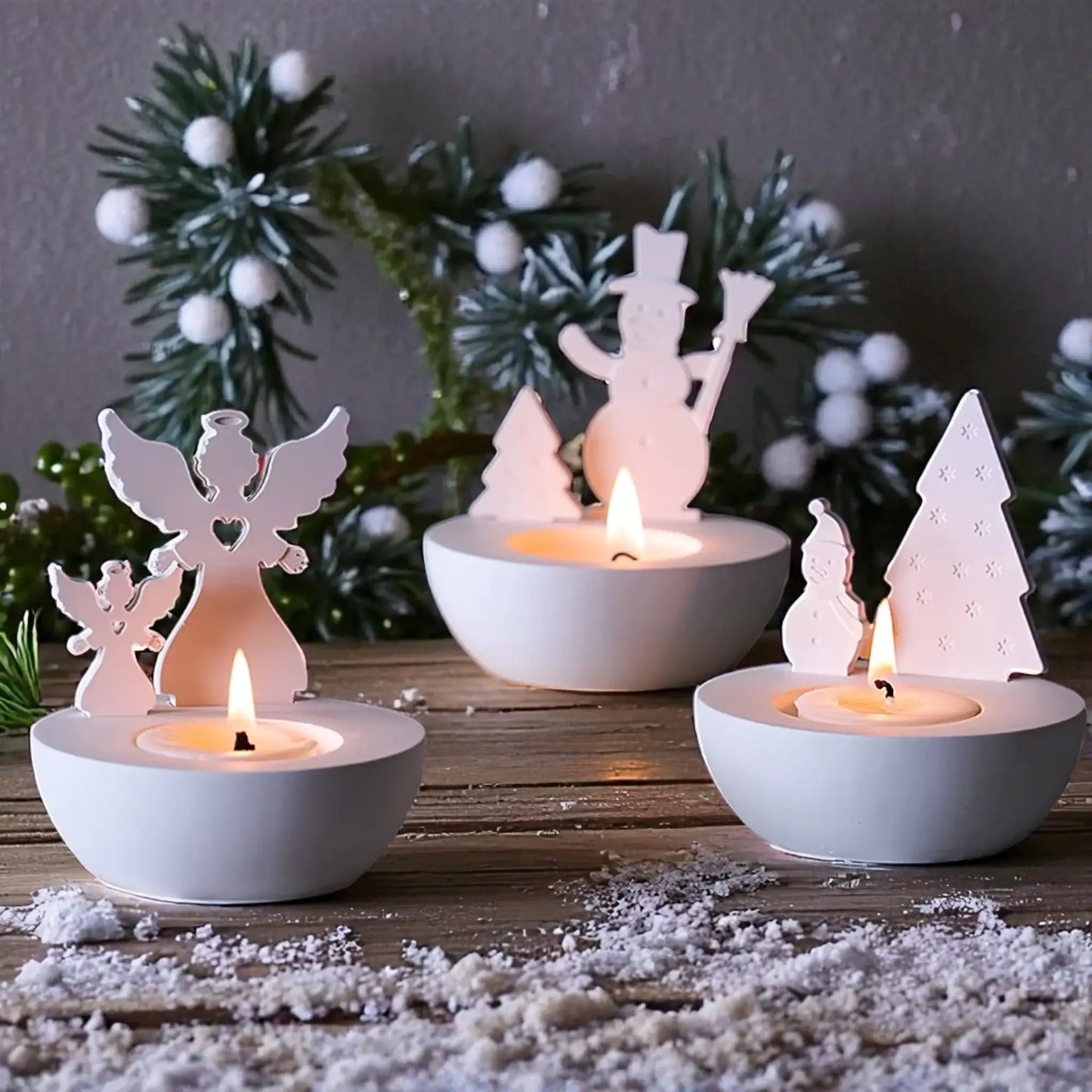 Weihnachtliches Teelichthalter-Set mit Engel, Schneemann & Tannenbaum - by SteinKunstWerk | Deko aus nachhaltiger Herstellung