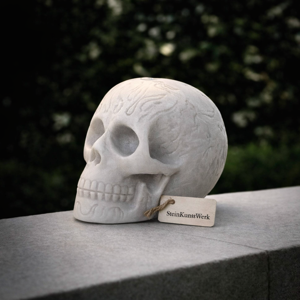 Totenkopf Dekofigur im Gothic Stil, detailreich und handgefertigt, für Ritual, Meditation und moderne Raumgestaltung – SteinKunstWerk
