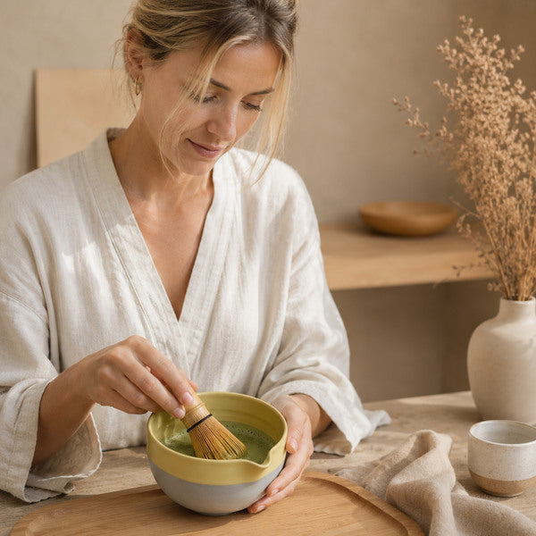 Frau bereitet Matcha mit handgefertigter Matcha Chawan gelb im Japandi Stil zu