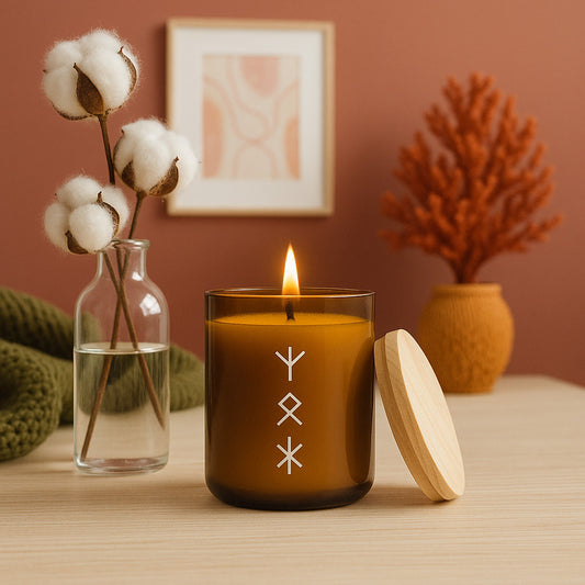 Amberfarbene Duftkerzen mit dezenten Runensymbolen in einem warmen, nordisch inspirierten Deko-Setting – handgemachte Qualitätskerzen für Ritual, Achtsamkeit und Wohnambiente.
