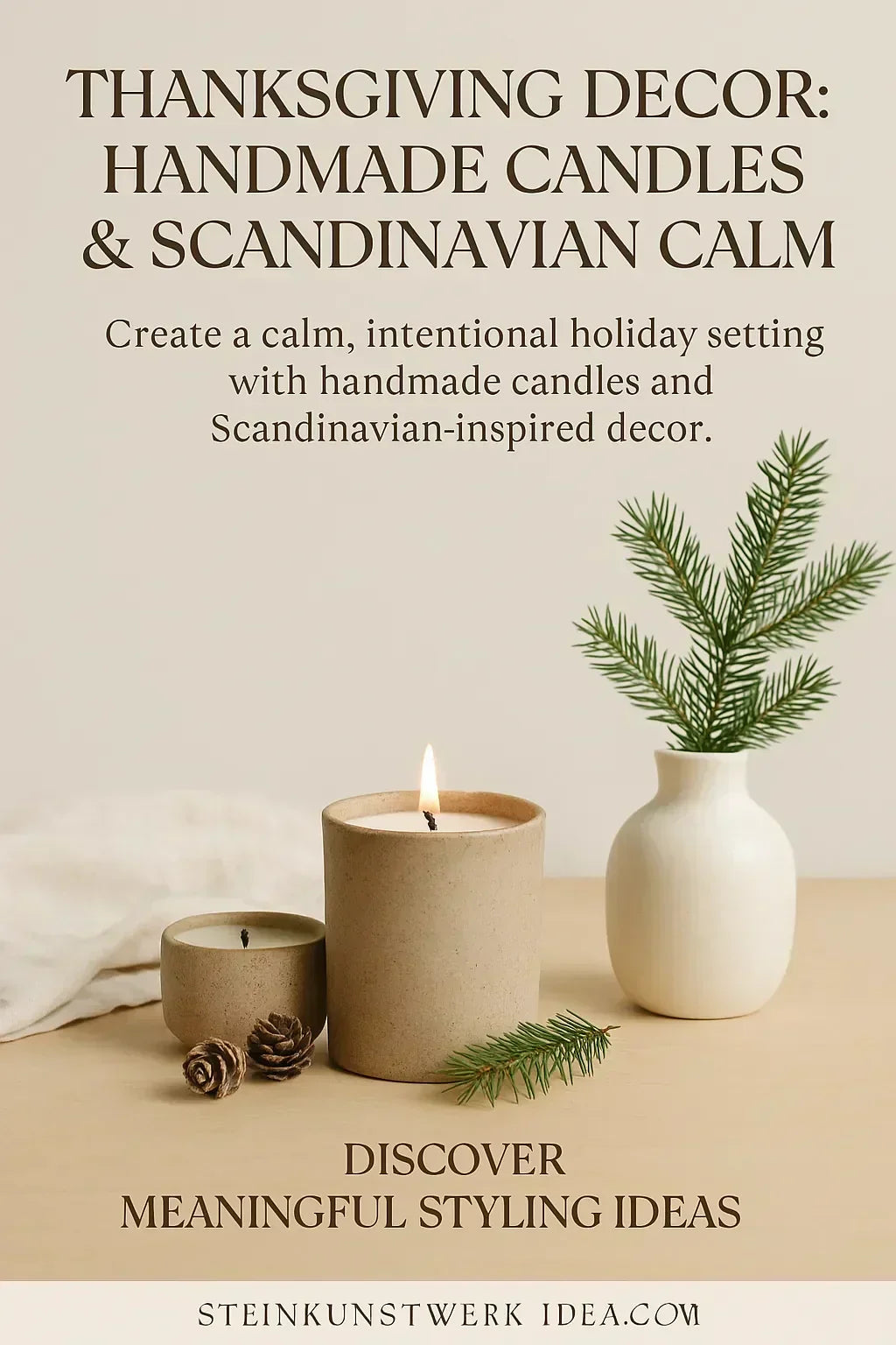 Thanksgiving table with candles, natural textures and calm Nordic-inspired autumn decor