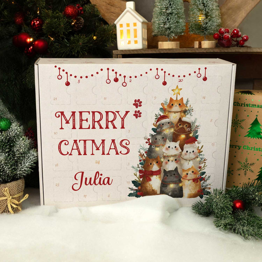 Personalisierter Katzen-Adventskalender Catmas mit 24 Fächern