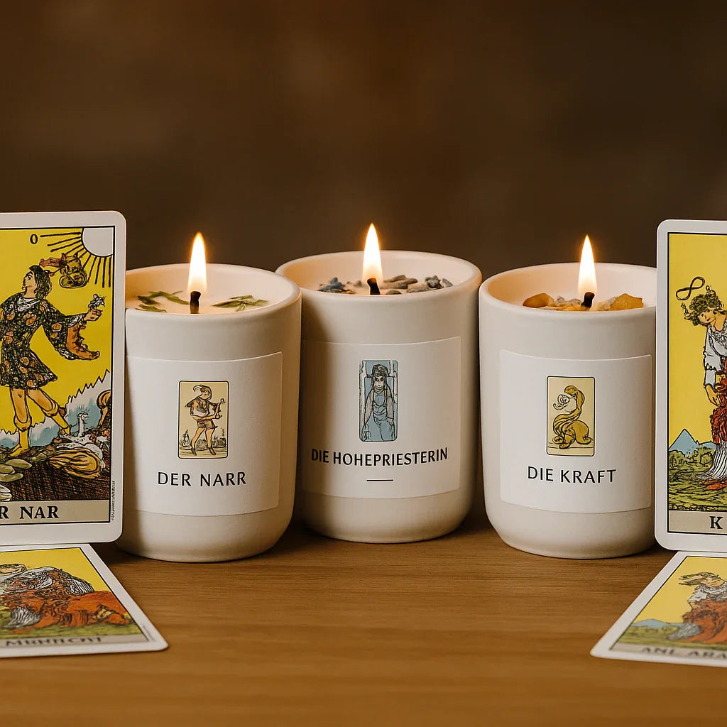 Tarotmotive Narr, Hohepriesterin und Kraft als symbolische Reflexionsbilder