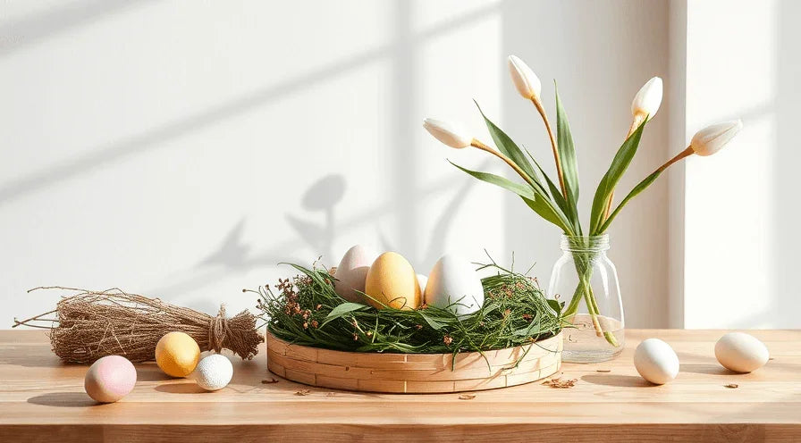 Minimalistische Osterdeko aus Keramik, Zweigen und wenigen Naturfarben