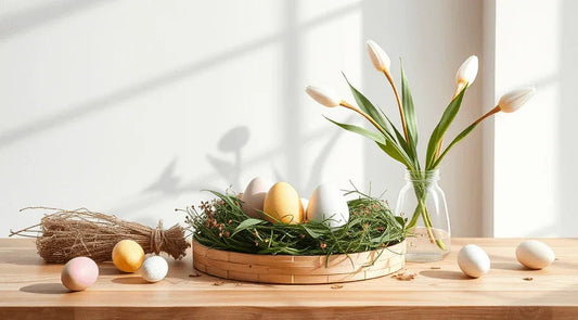 Minimalistische Osterdeko aus Keramik, Zweigen und wenigen Naturfarben