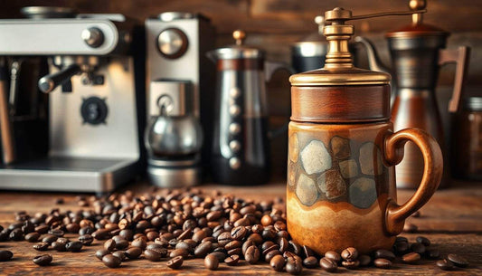 Kaffeebohnen und Kaffeemühle für die Einstellung des Mahlgrads