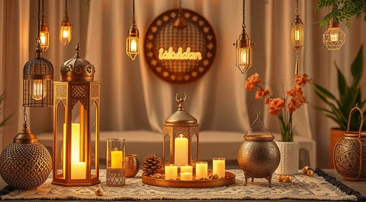 Ruhige Ramadan-Dekoration mit Laternen, Mondmotiv und gedecktem Tisch