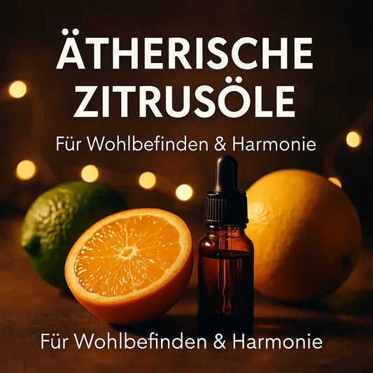 Zitrusfrüchte und kleine Flaschen ätherischer Öle für die Raumbeduftung