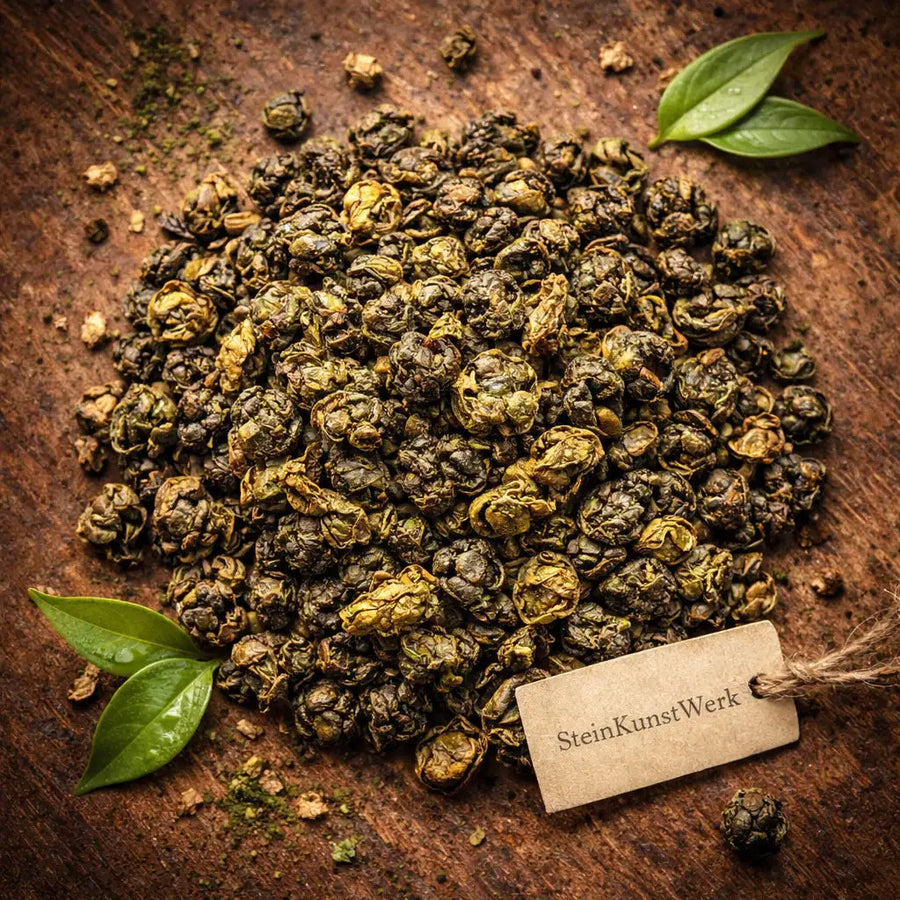 Formosa Jade Oolong aus Taiwan als sanfter Tee mit hellem Kumo Set von SteinKunstWerk