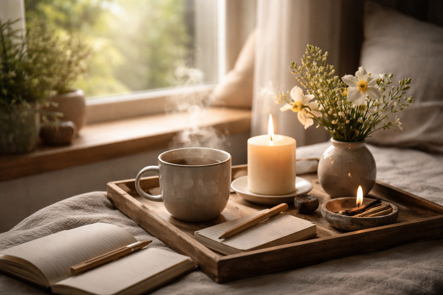 ruhiges Morgenritual zuhause mit Kerzenlicht, Palo-Santo-Rauch, Tee und Frühlingsblumen im warmen Sonnenlicht an einem Fensterplatz