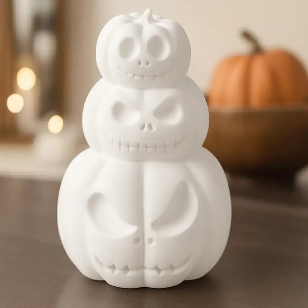 Gestapelte handgemachte Kürbisfigur für stilvolle Halloween-Deko ohne Kitsch
