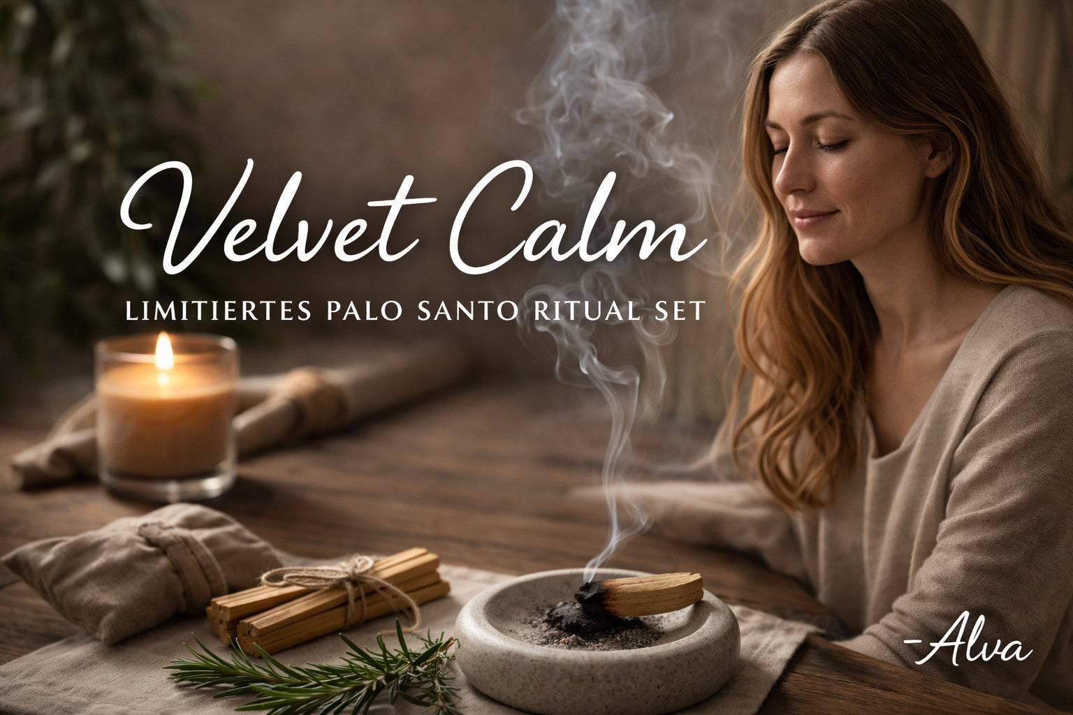 Alva bei einem ruhigen Abendritual mit Palo Santo, Rosmarin und Zen Holder – Velvet Calm limitiertes Set von SteinKunstWerk