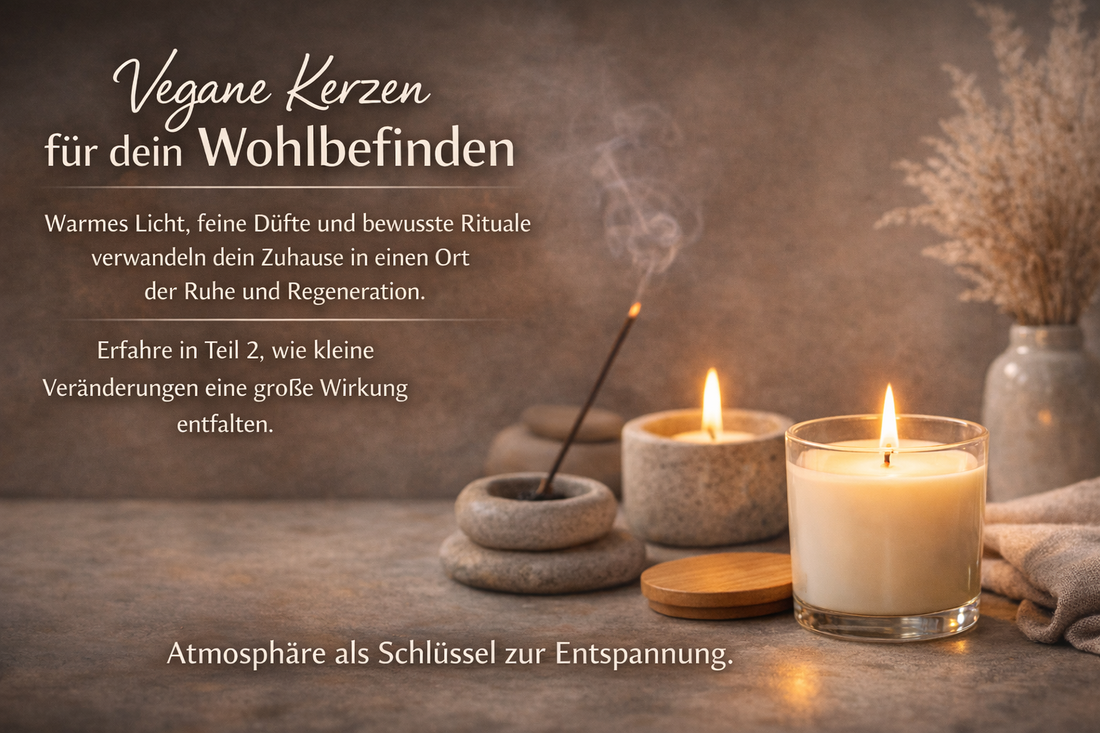 Vegane Duftkerzen in warmem Kerzenlicht neben Räucheraccessoires – stimmungsvolle Atmosphäre für Entspannung, Wohlbefinden und bewusste Wohnmomente.