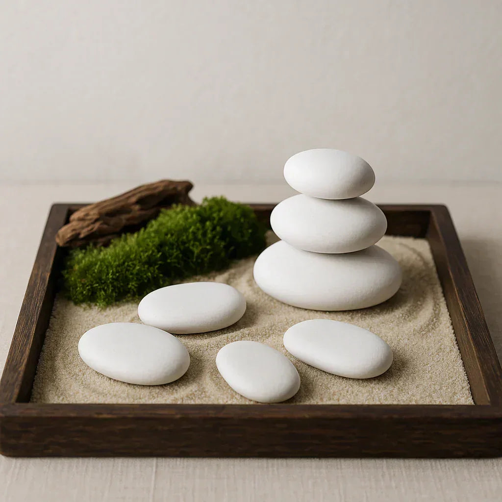 Mini-Zen-Garten im Aufbau mit Sand, Steinen und kleiner Harke