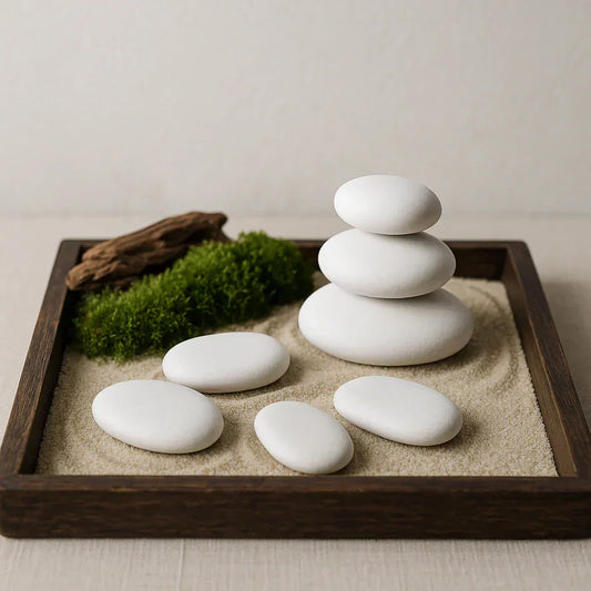 Mini-Zen-Garten im Aufbau mit Sand, Steinen und kleiner Harke