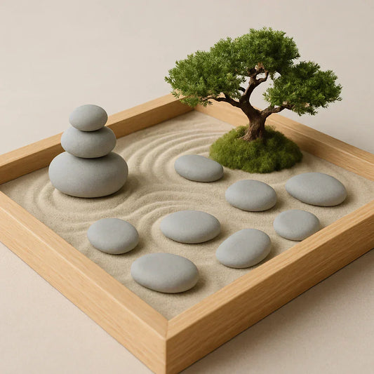 Geplanter Mini-Zen-Garten mit Schale, Sand, Steinen und kleiner Harke
