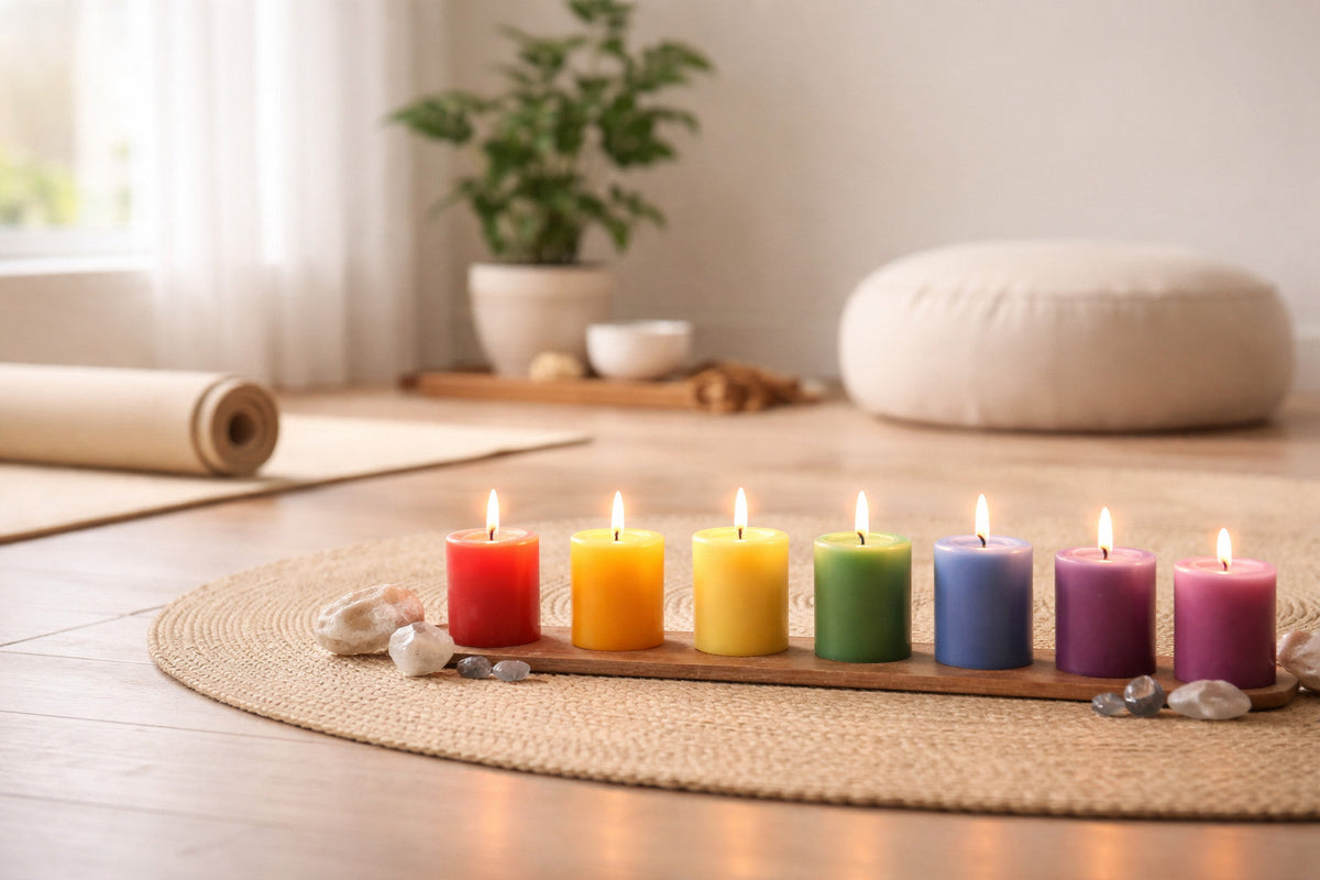 Chakra-Kerzen in sieben Farben für Meditation und Rituale
