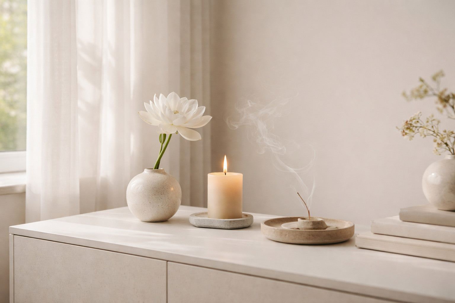 Zen Wohnkultur mit minimalistischer Einrichtung, Kerzenlicht und ruhiger Atmosphäre