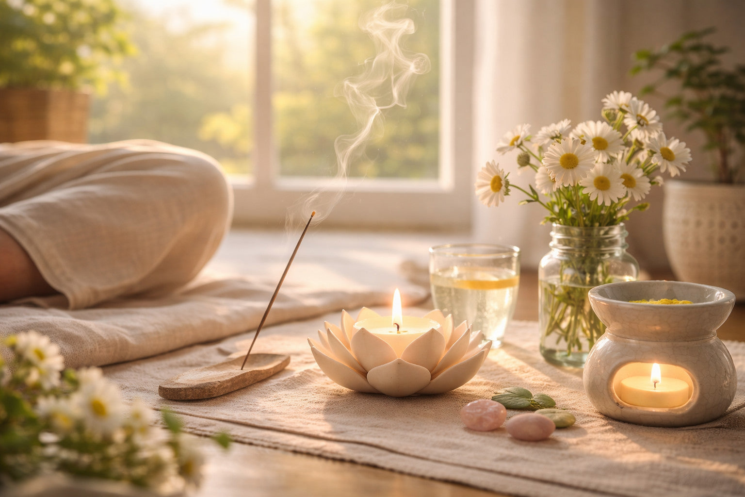 Morgenritual im Frühling mit Kerzenlicht, Räucherwerk und ruhiger Atmosphäre – bewusster Start in den Tag mit Energie und Achtsamkeit
