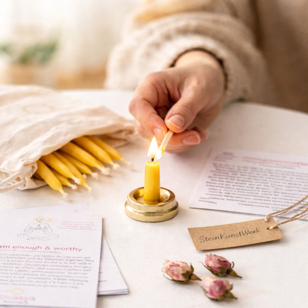Notizbuch und kleine Ritualkerzen für eine klar begrenzte zwanzigminütige Pause