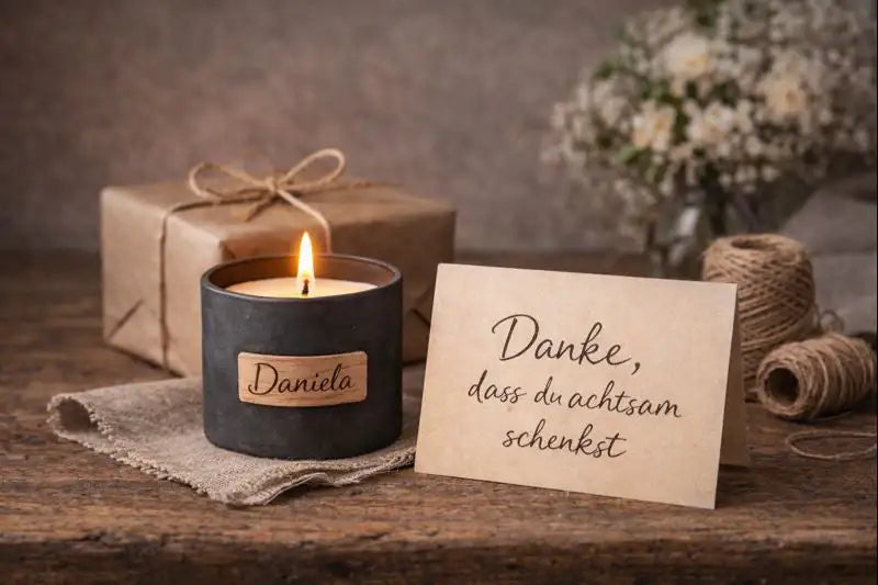Brennende Duftkerze im dunklen Metallbehälter mit personalisiertem Namensschild neben nachhaltigem Geschenk und Dankeskarte als Sinnbild für bewusstes Schenken