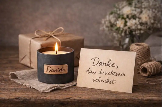 Brennende Duftkerze im dunklen Metallbehälter mit personalisiertem Namensschild neben nachhaltigem Geschenk und Dankeskarte als Sinnbild für bewusstes Schenken