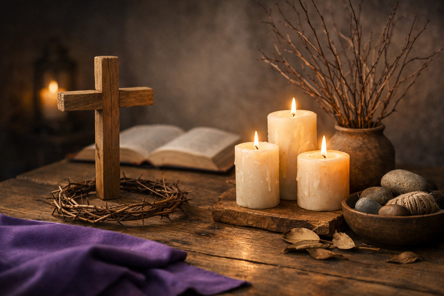 Fastenzeit Dekoration 2026 mit Kerzen, Holzkreuz und natürlichen Elementen als Symbol für Besinnung und Vorbereitung auf Ostern.