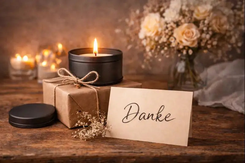 Geschenkpaket mit „Danke“-Karte und brennender Duftkerze im dunklen Metallbehälter als stilvolles Dankeschön