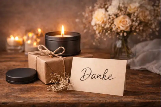 Geschenkpaket mit „Danke“-Karte und brennender Duftkerze im dunklen Metallbehälter als stilvolles Dankeschön