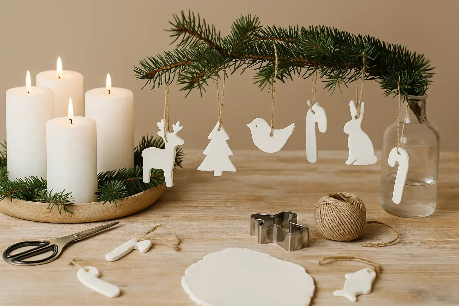 Weiße Weihnachtsanhänger und kleine Winterwichtel zum persönlichen Gestalten